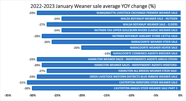 Figure 1 Auctionsplus 2022 - 2023 January Weaner sale average YoY change %