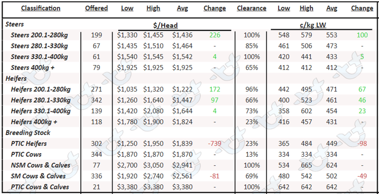 Auctionsplus table 2 queensland cattle prices 20.1.23