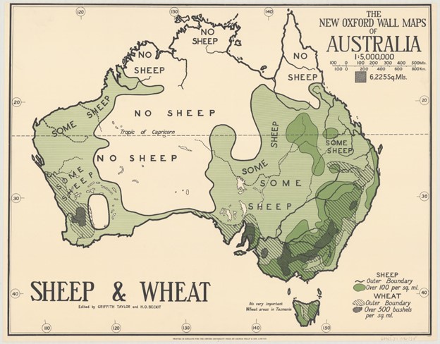 Auctionsplus the box 20.5.22 Where there’s a will there’s a way to wheat Sheep and wheat growing areas in Australia, map published in the late 1920s.  Credit National Library of Australia