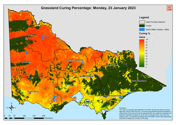 Grassland Curing Percentage - Monday 23 January 2023