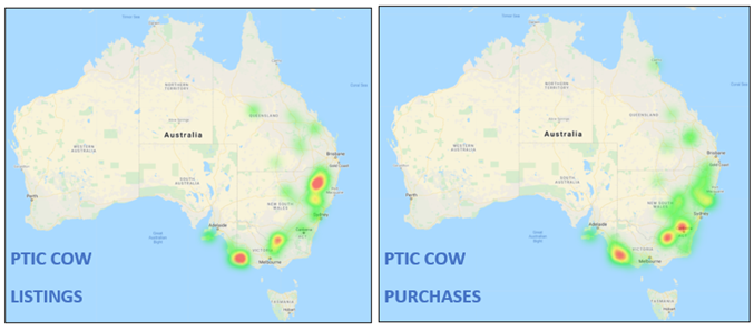 PTIC Cow Listings and Purchases Heat Map Cattle Comments 11.02.2022