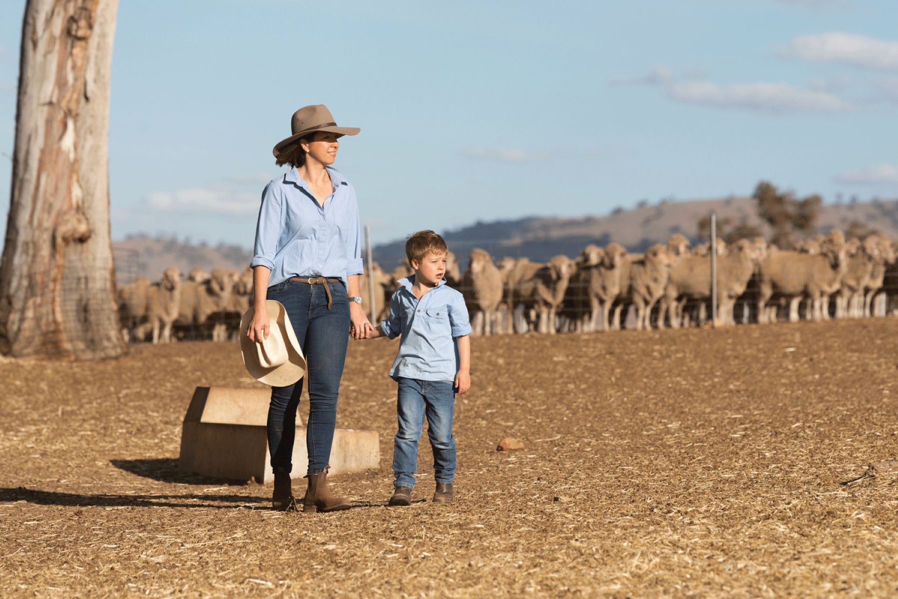 Female farmer and male child walking on dry paddock with sheep looking on