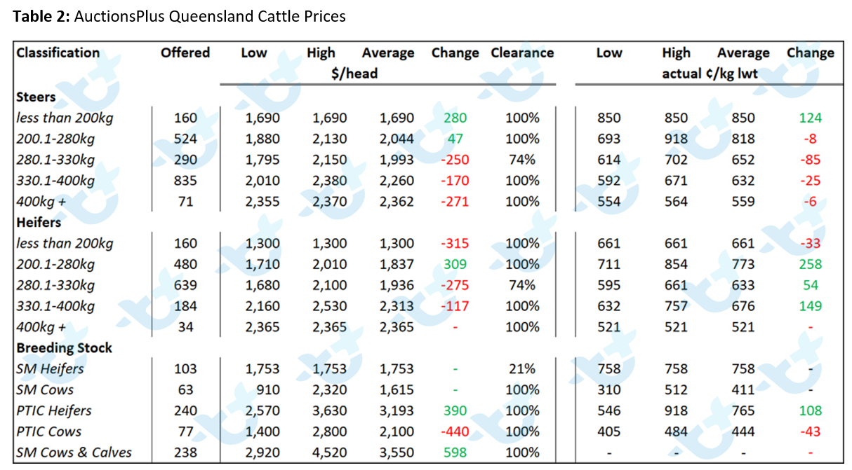 Table 2 - AuctionsPlus Queensland Cattle Prices 21.01.22