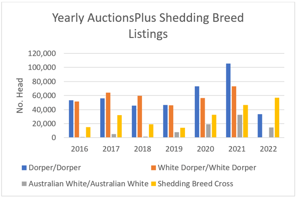 Yearly AuctuonsPlus Shedding Breed Listings