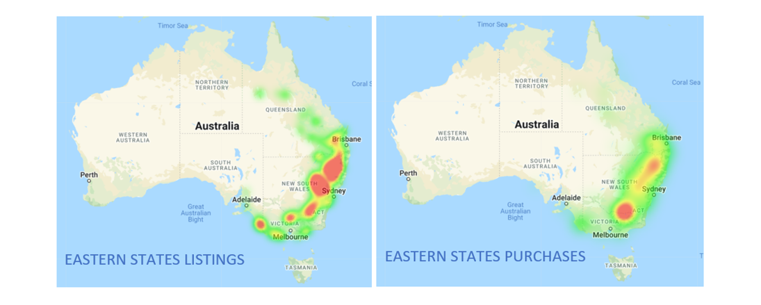 eastern states listings and purchases heatmap 25.02.2022