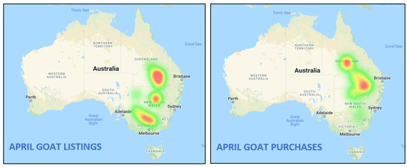goat listing and purchase heatmap